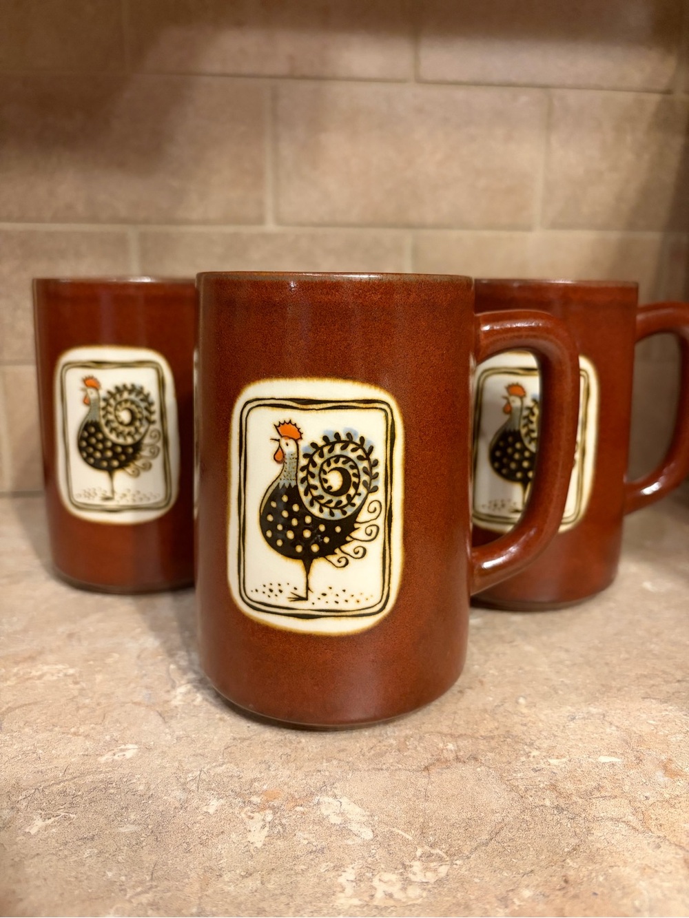 Otagiri Rust Brown Rooster Ceramic Mugs - Set of 3